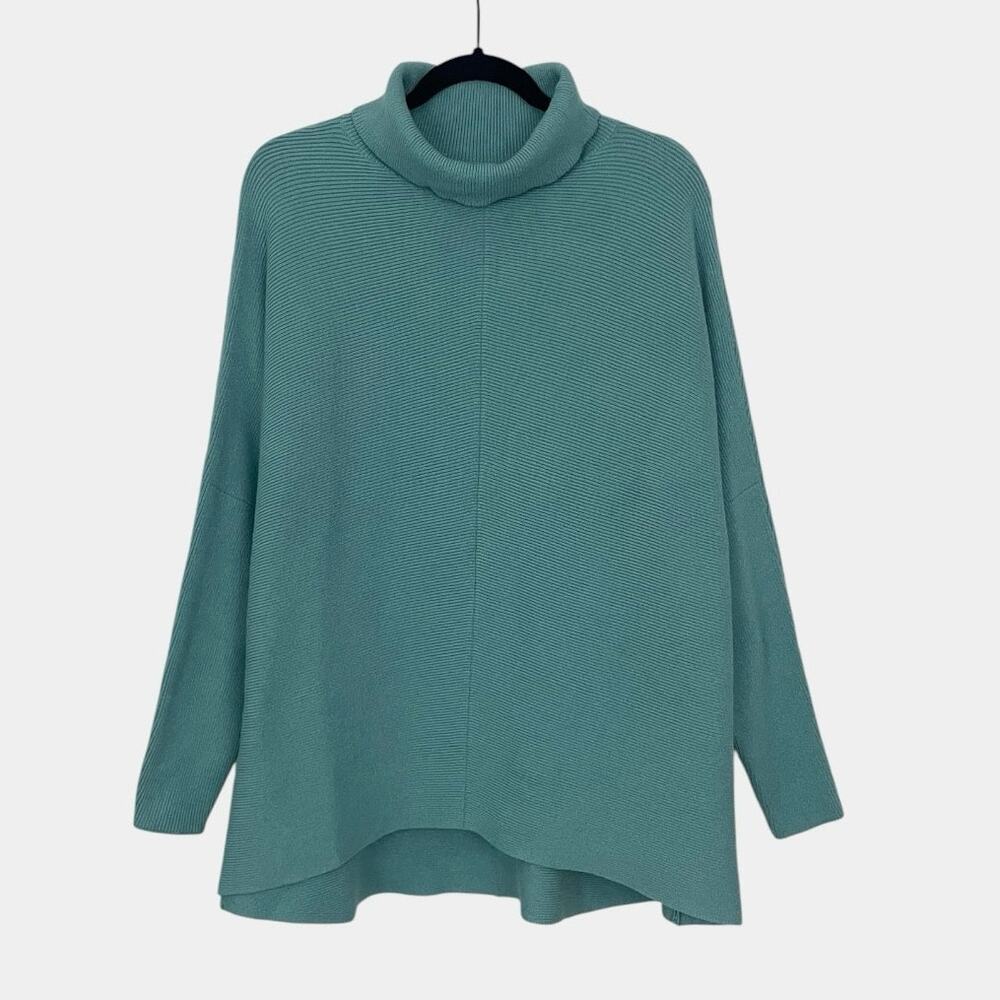 Blue Turtleneck Ribbed Knit Sweater
